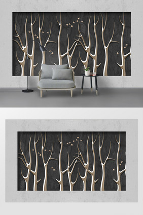 现代简约微浮雕铁艺装饰树木电视背景墙
