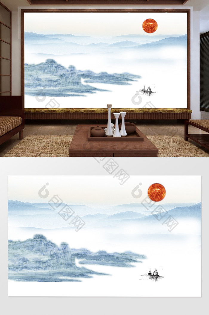 新中式水墨山水画意境电视背景墙