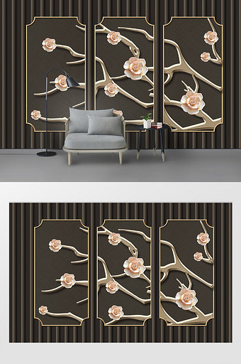 现代简约立体几何金属花枝铁艺装饰背景墙图片