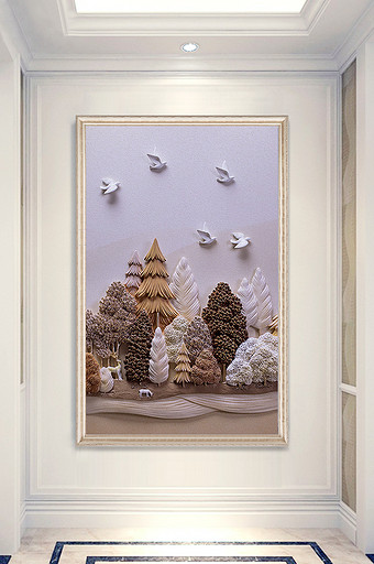 浮雕立体树林小鸟玄关装饰画图片