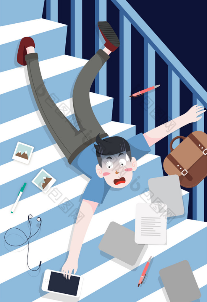 蓝色扁平卡通楼梯摔倒的低头族插画图片模版