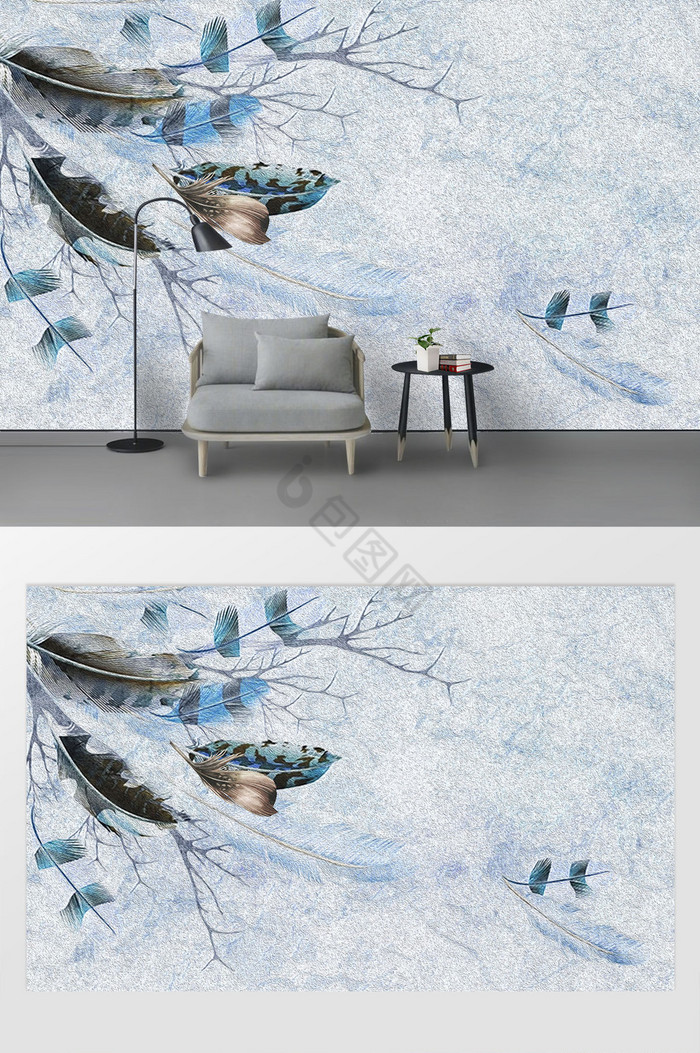 现代唯美简约大气蓝色典雅树木羽毛背景墙图片