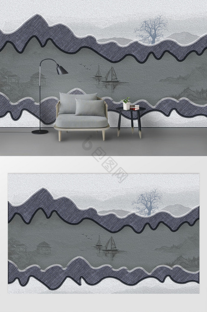 现代唯美简约典雅立体高级灰山水背景墙图片