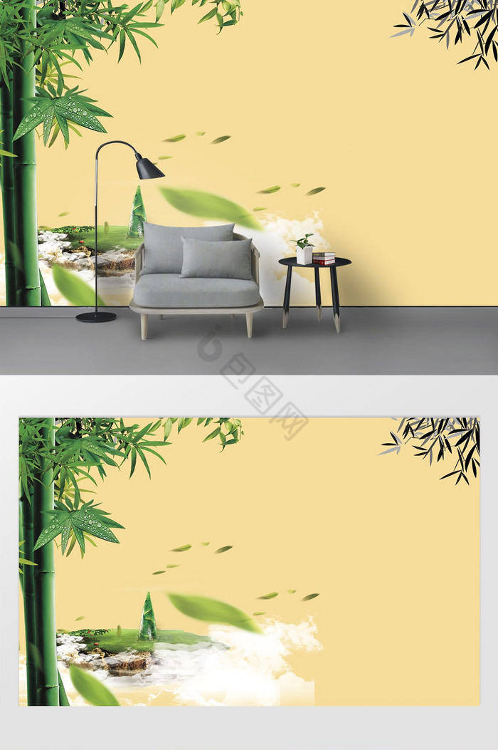 现代唯美简约新中式丹青色竹林山水背景墙图片