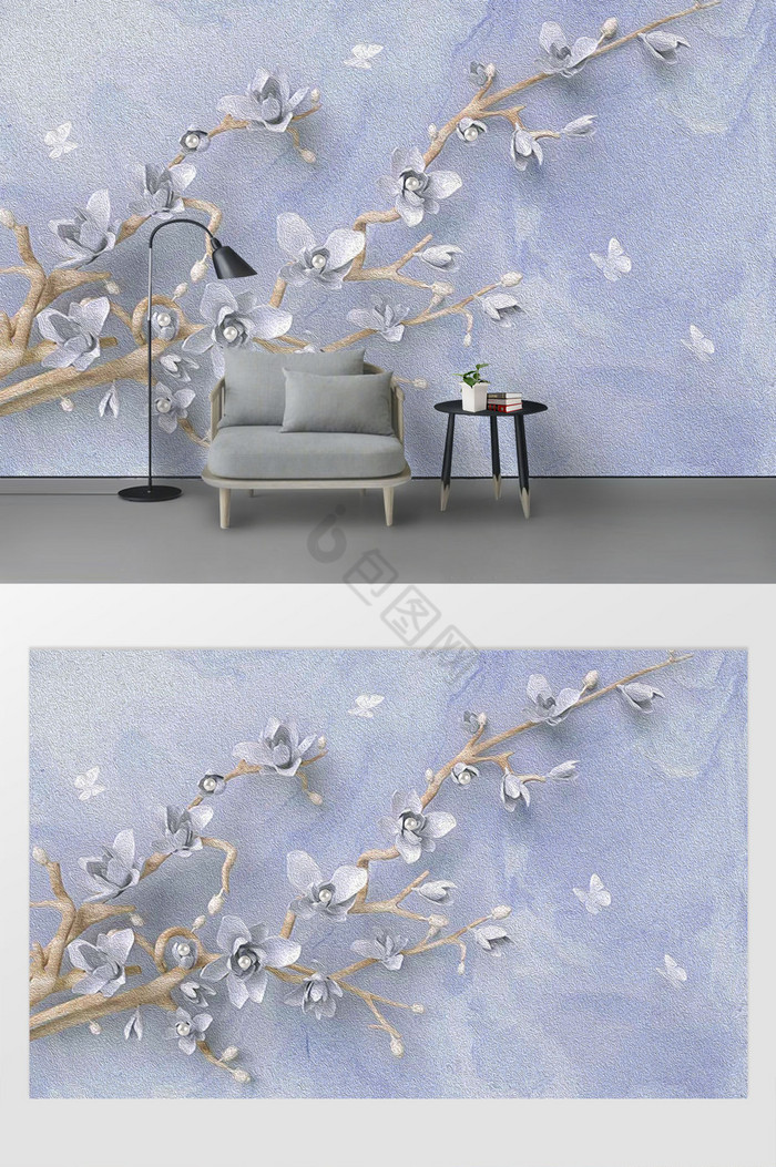 现代唯美简约油画立体花卉典雅蓝色背景墙图片