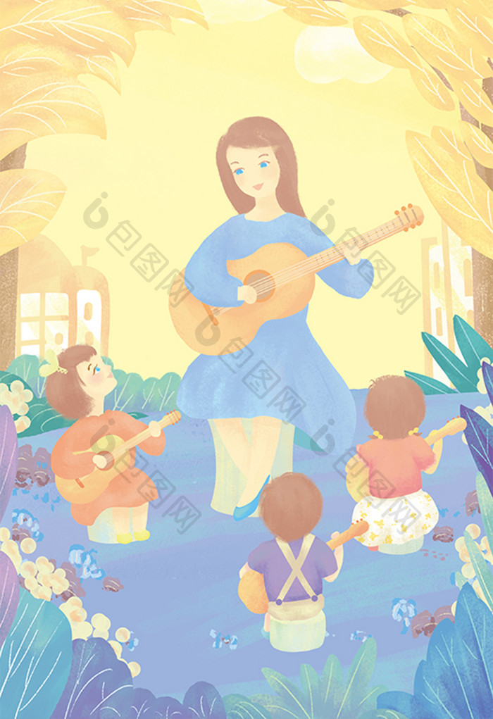 清新唯美童话师生欢乐弹吉他儿童插画