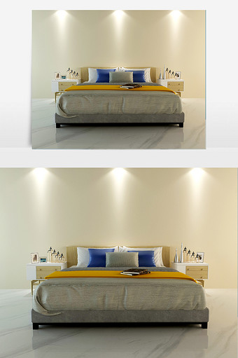灰色细条双人大床 实木床头柜 装饰品图片