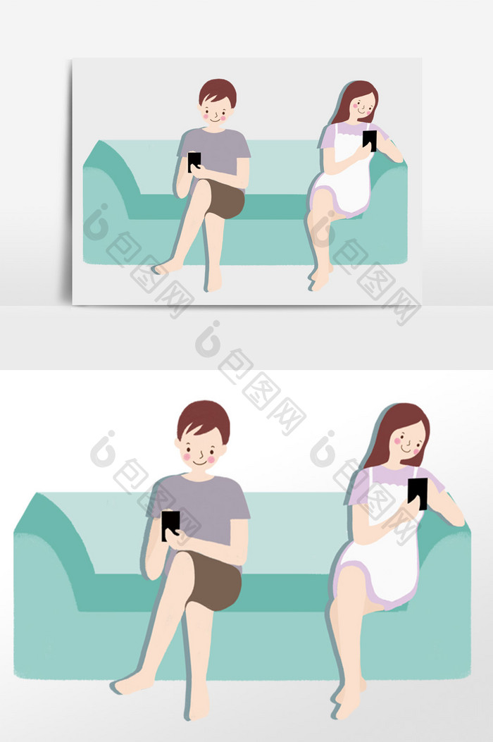 卡通浪漫手绘情侣在家坐沙发玩手机低头族
