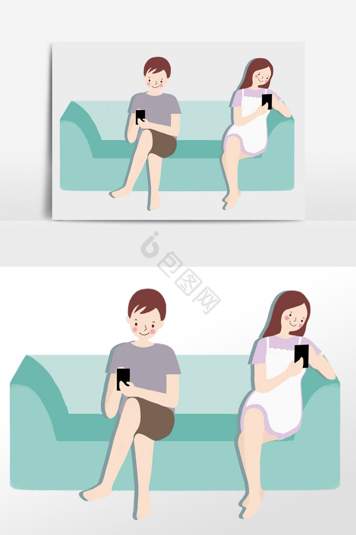 浪漫情侣在家坐沙发玩手机低头族图片