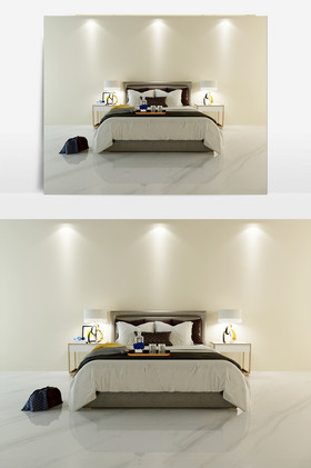 褐色双人床 白色床单枕头 白色台灯