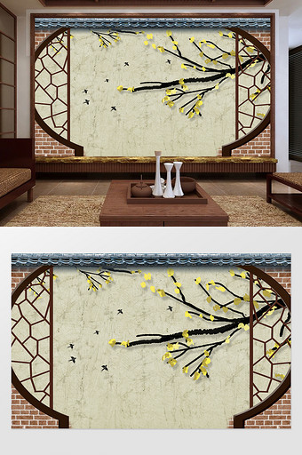 新中式手绘水墨花枝电视背景墙图片