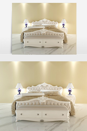 麦黄色奢华双人床 白色床头柜 白色台灯图片