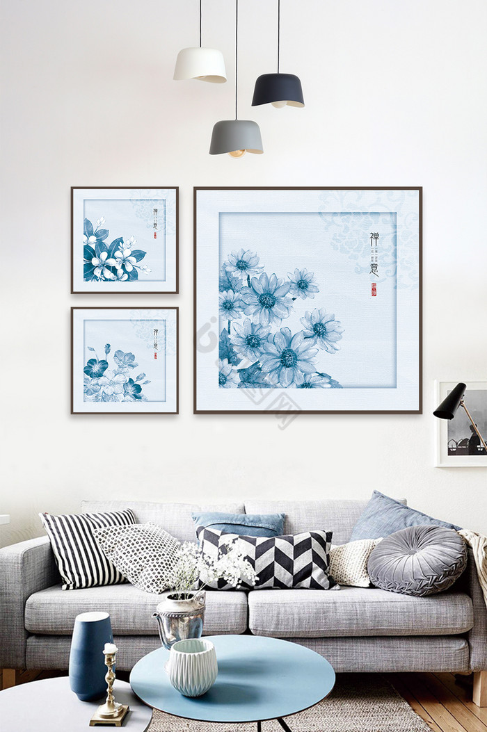 蓝色中式简约花朵现代新中式装饰画图案设计图片