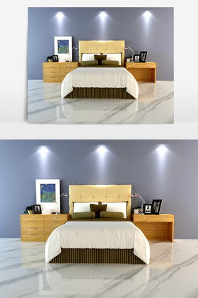 褐色双人床 白色床单 实木床头柜 装饰品