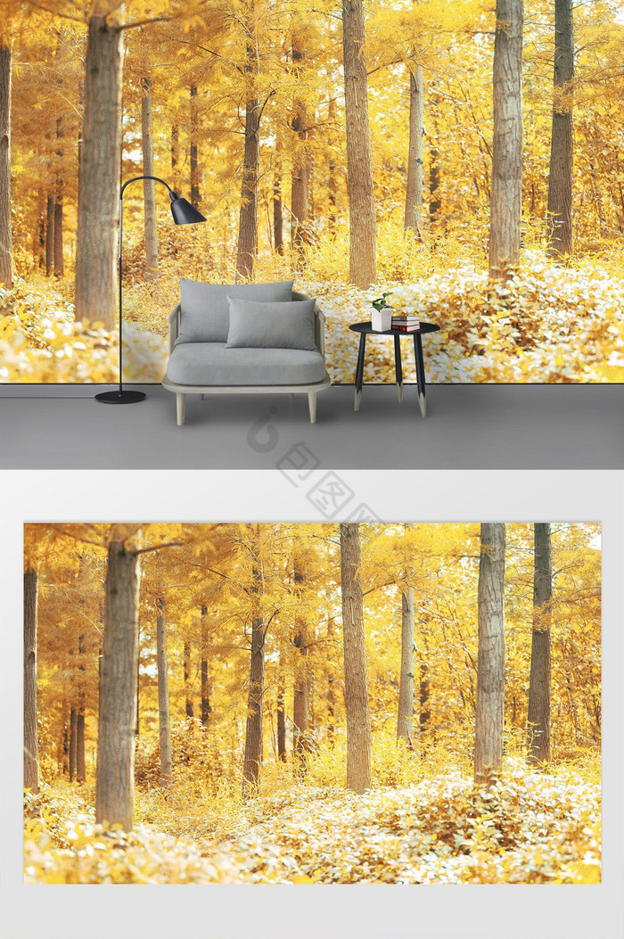 简约北欧白桦树林油画风格电视背景墙图片