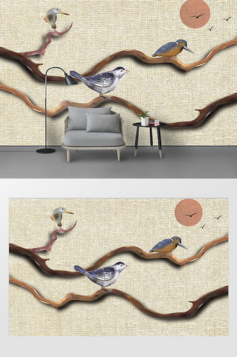 现代简约3d树枝小鸟浮雕布纹背景墙图片