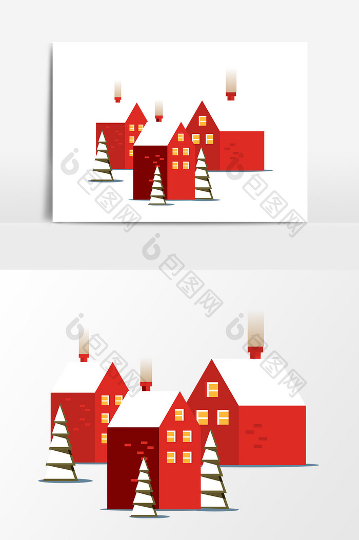 剪纸风风格冬季红色房子建筑矢量素材