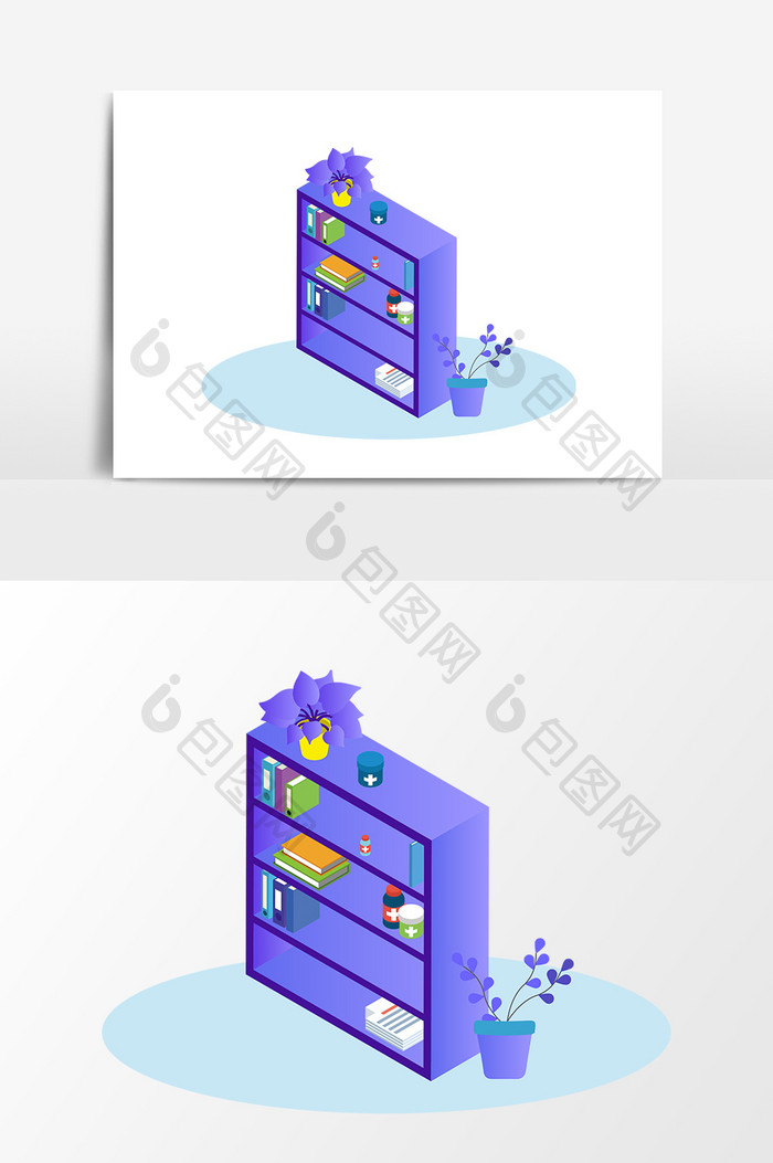 小清新扁平化手绘书架家具矢量素材