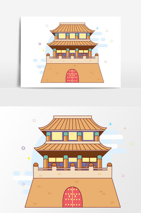 手绘中国风古建筑插画矢量素材