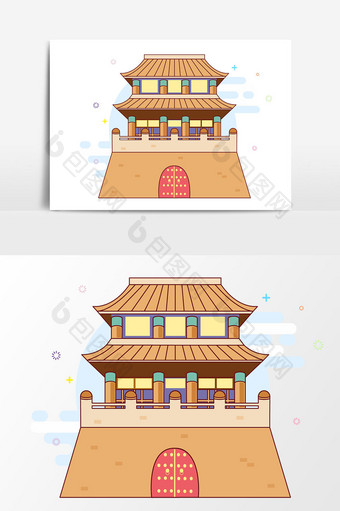 手绘中国风古建筑插画矢量素材图片
