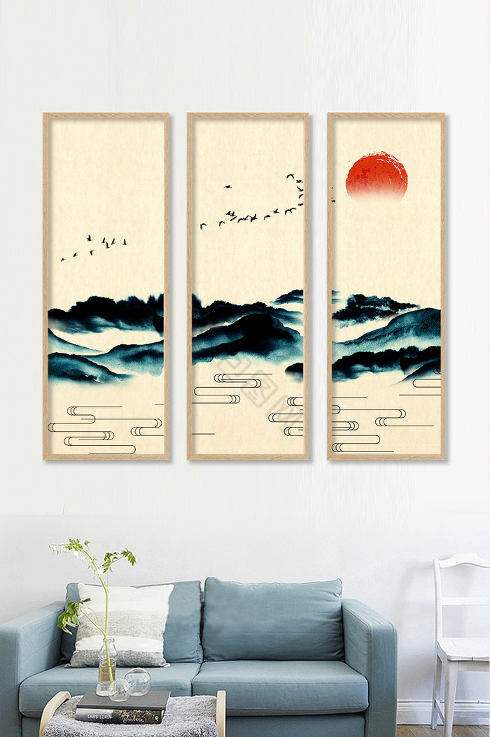 新中式山水水墨风景飞鸟太阳装饰画素材图片