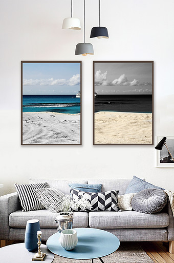 北欧风景黑白系列沙滩蓝色海黄色沙滩装饰画图片