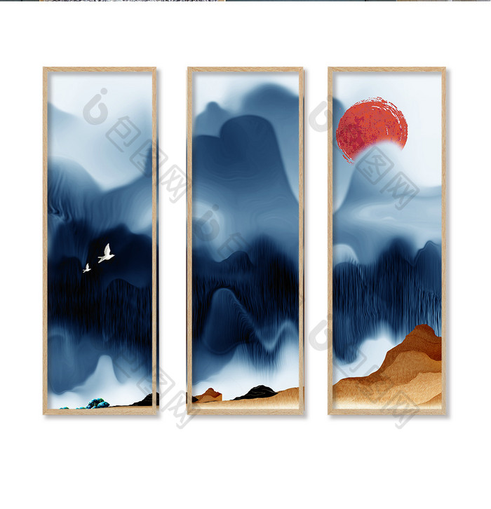 新中式中国风蓝色山太阳水墨装饰画素材