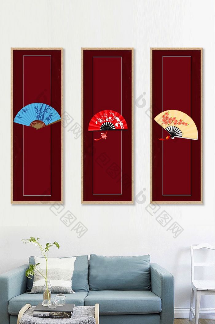 中国风新中式扇子蓝色红色装饰画素材背景墙