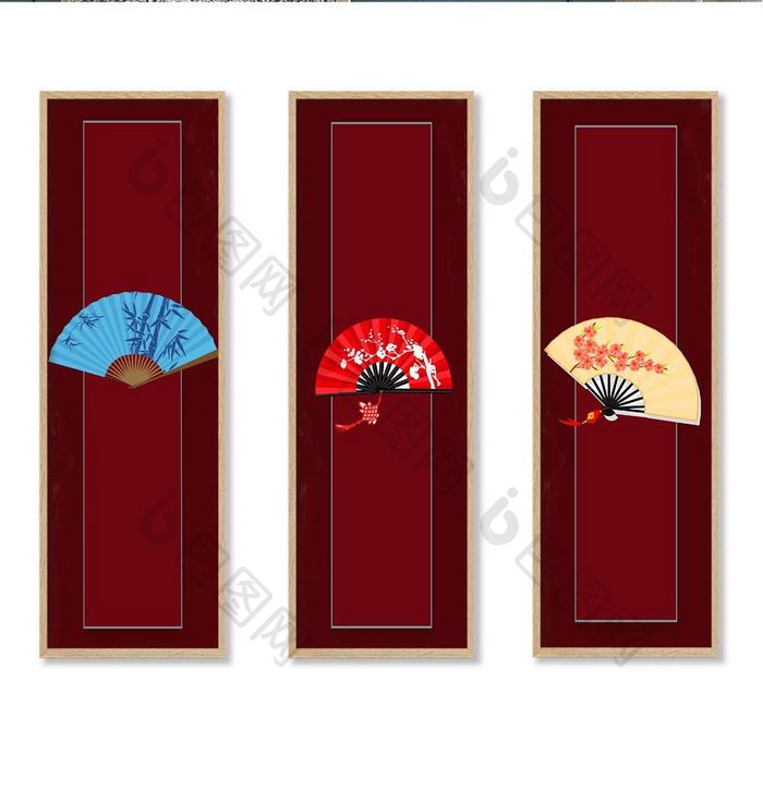 中国风新中式扇子蓝色红色装饰画素材背景墙