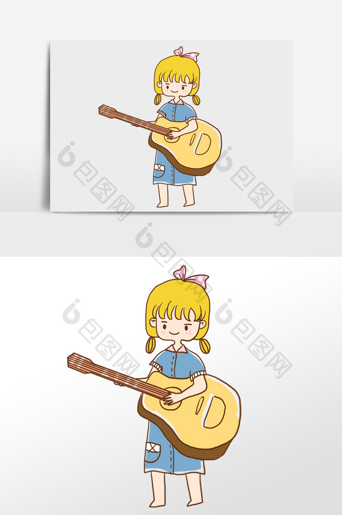 可爱卡通小女孩弹吉他手绘插画背景元素