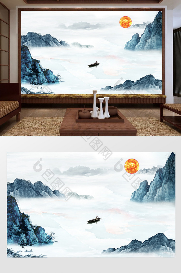 新中式山水国画蓝色水墨电视背景墙