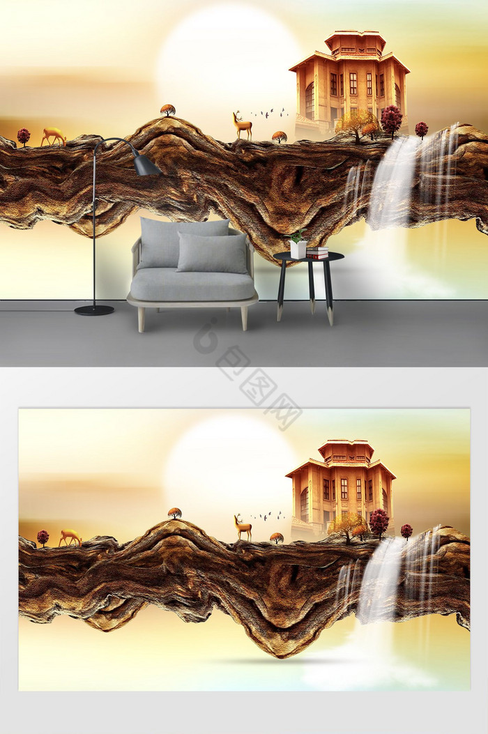 新中式浮雕立体松树假山背景墙图片
