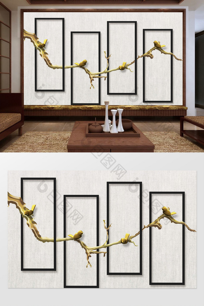 新中式简约意境浮雕树枝小鸟画框背景墙