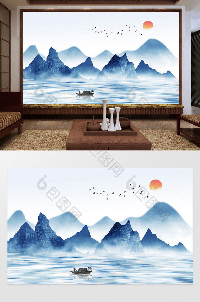 新中式蓝色意境水墨山水装饰背景墙定制