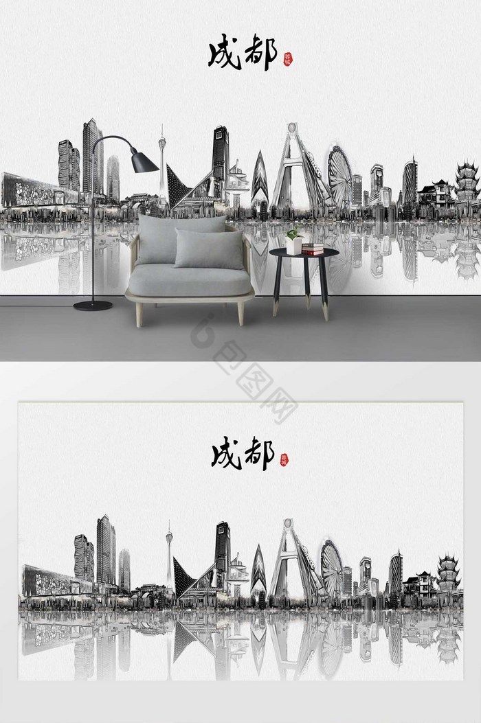 现代简约素描油画成都城市剪影地标背景墙图片