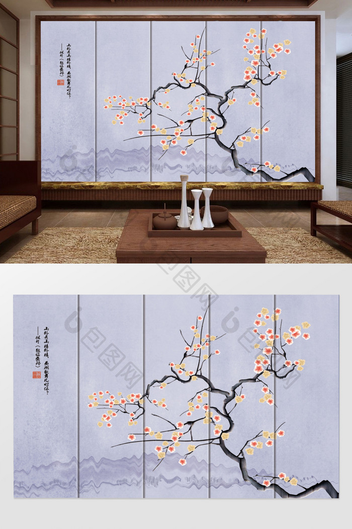 新中式手绘工笔花鸟背景墙装饰画