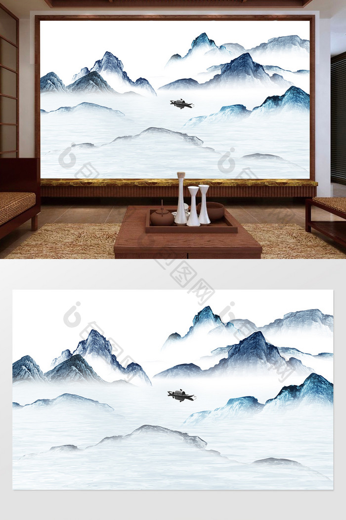 新中式蓝色抽象现代简约山水画