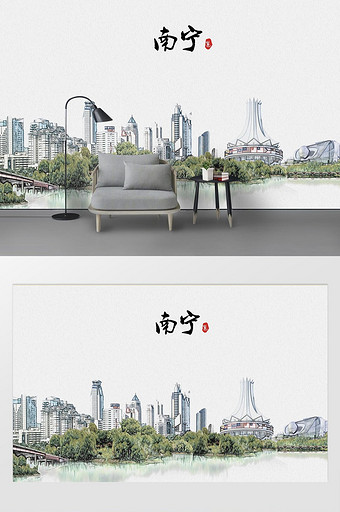 现代简约素描油画南宁城市剪影地标背景墙图片