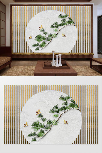 新中式意境铁艺松树浮雕小鸟背景墙图片