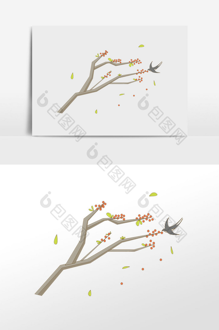 手绘秋季燕子吃果实树插画元素