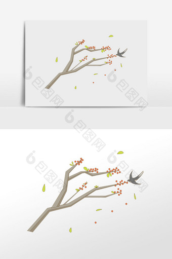 手绘秋季燕子吃果实树插画元素图片