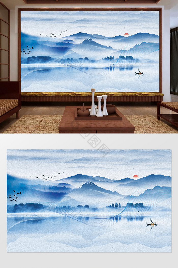 中式水墨山水抽象背景墙图片