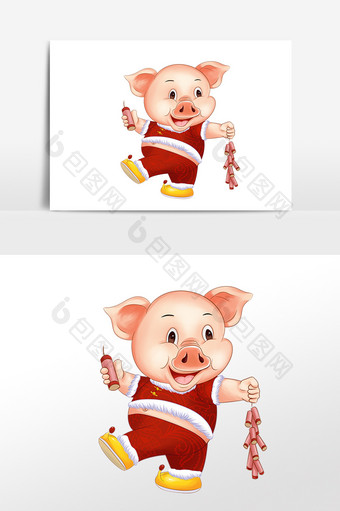 手绘猪年吉祥物放鞭炮插画素材图片