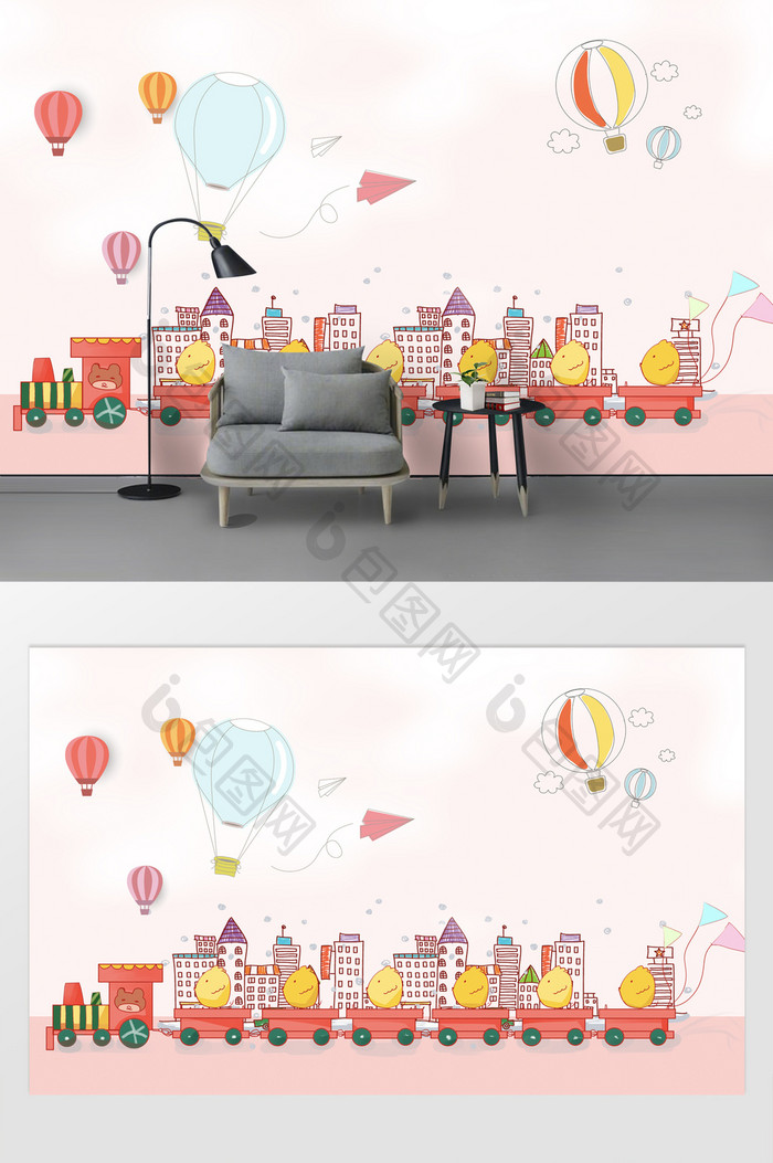 儿童房卡通手绘火车房屋热气球背景墙