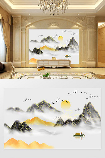 新中式金色大气浮雕山水电视背景墙图片
