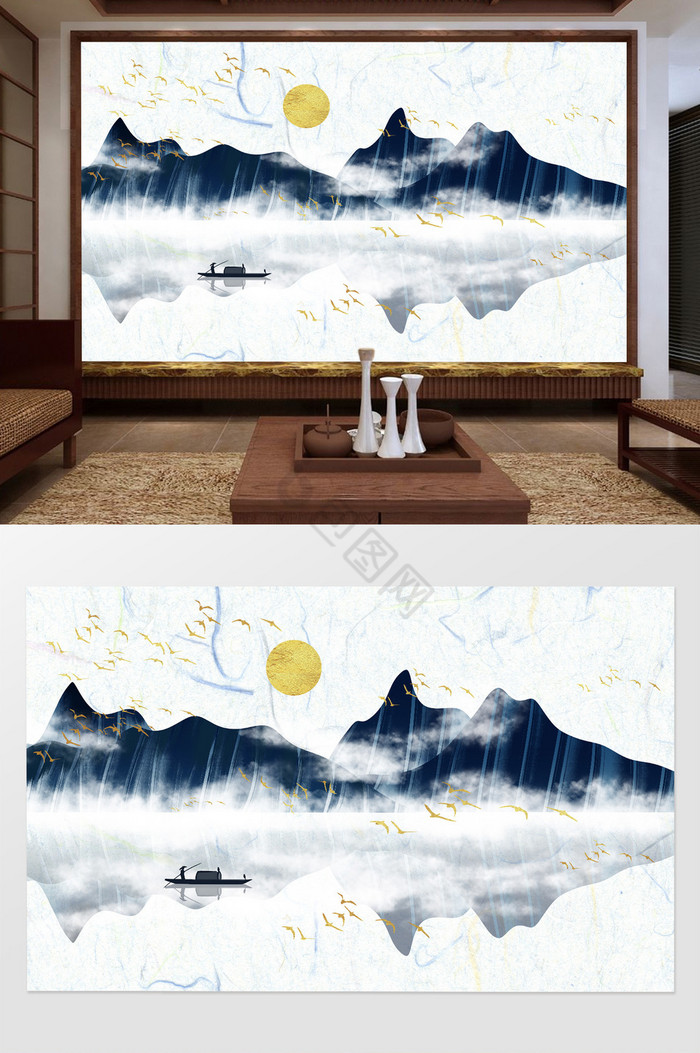 中式质感纹理山水意境电视背景墙图片