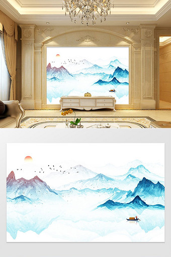 新中式蓝色水墨山水风景客厅电视背景墙图片