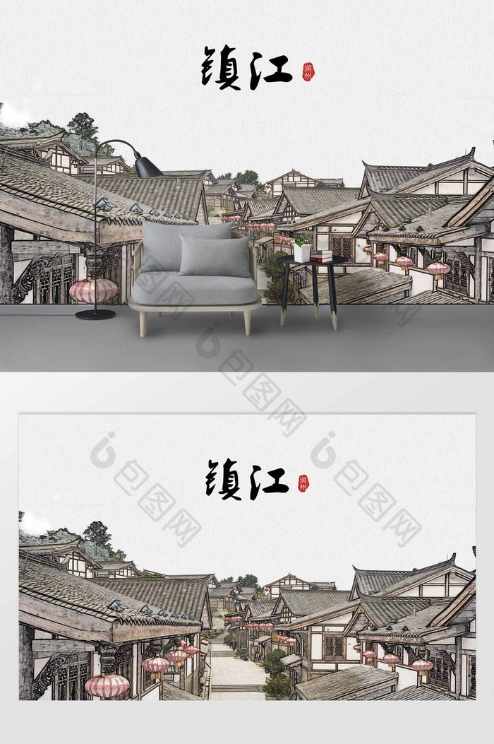 现代简约素描油画镇江城市剪影地标背景墙