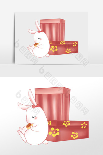 手绘中秋节玉兔礼盒插画元素图片
