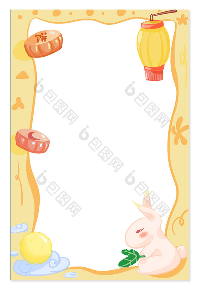 手绘中秋节月兔灯笼装饰黄色边框
